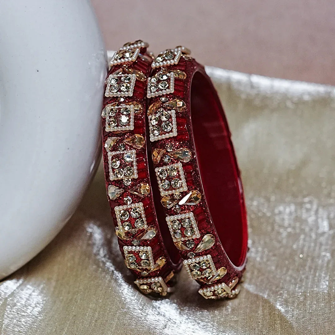 Women’s Glass Kada Bangles with Pearl & Stone Work (Pack of 2) - The Golden Cascade